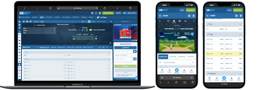 Baseball 1xbet Mobile vs Desktop Screenshot